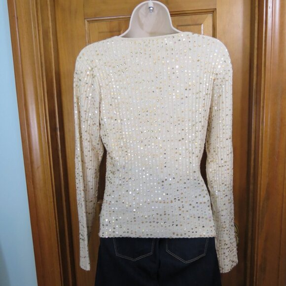Marisa Christina Cream Sweater All Over Gold Sequins Long Sleeve Size Large - Picture 6 of 10